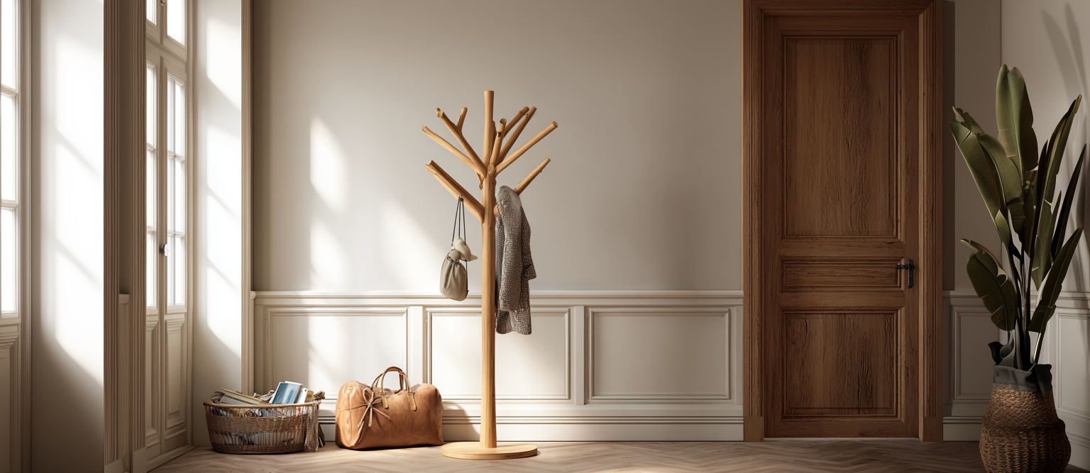 Porte-manteau perroquet en bois dans une entrée moderne et lumineuse