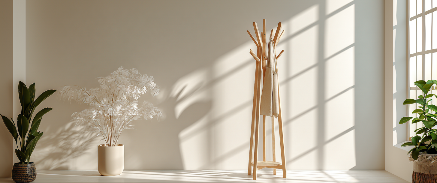 Porte-manteau en bois original en intérieur épuré et scandinave