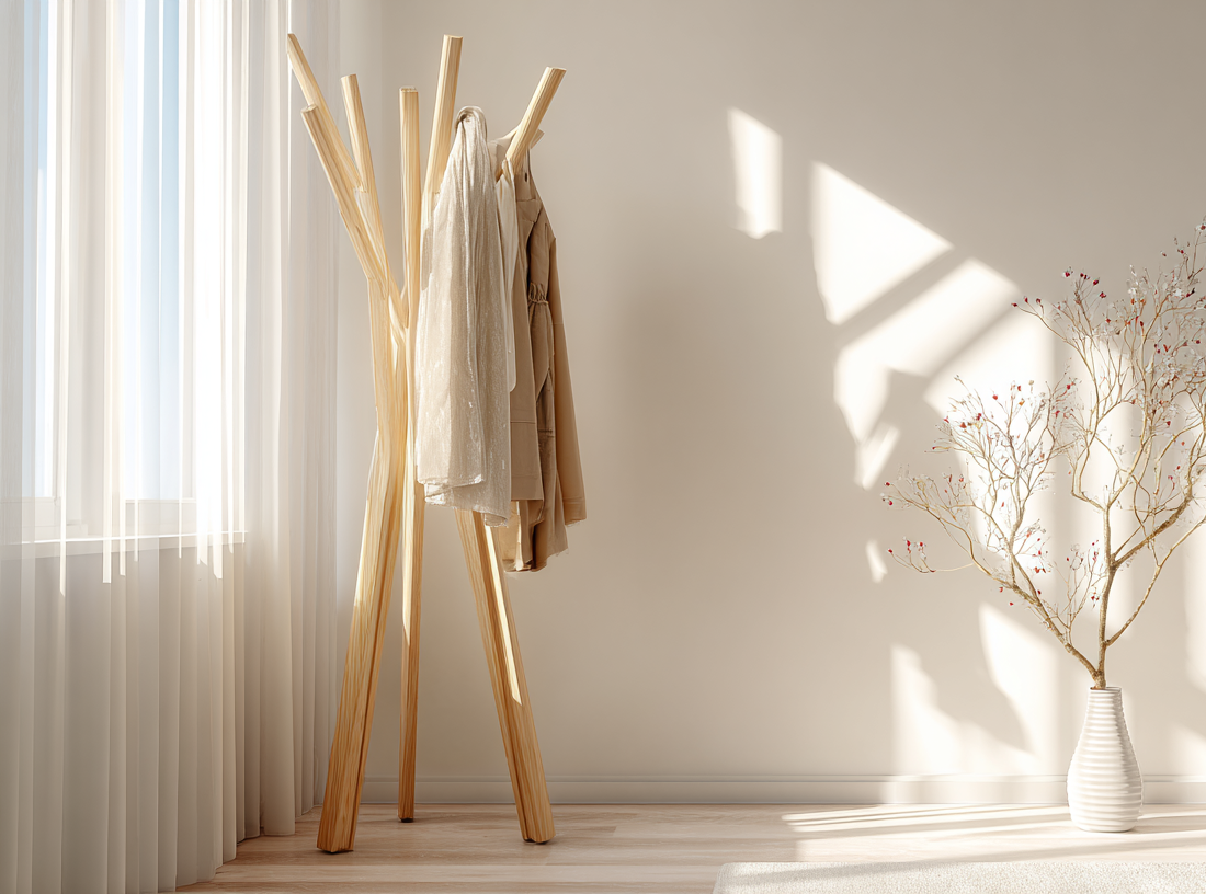 Porte manteau sur pied en bois dans une chambre éclairée et rangée